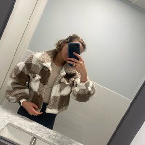 Cropped Brown and White Teddy Jacket with Plaid Design